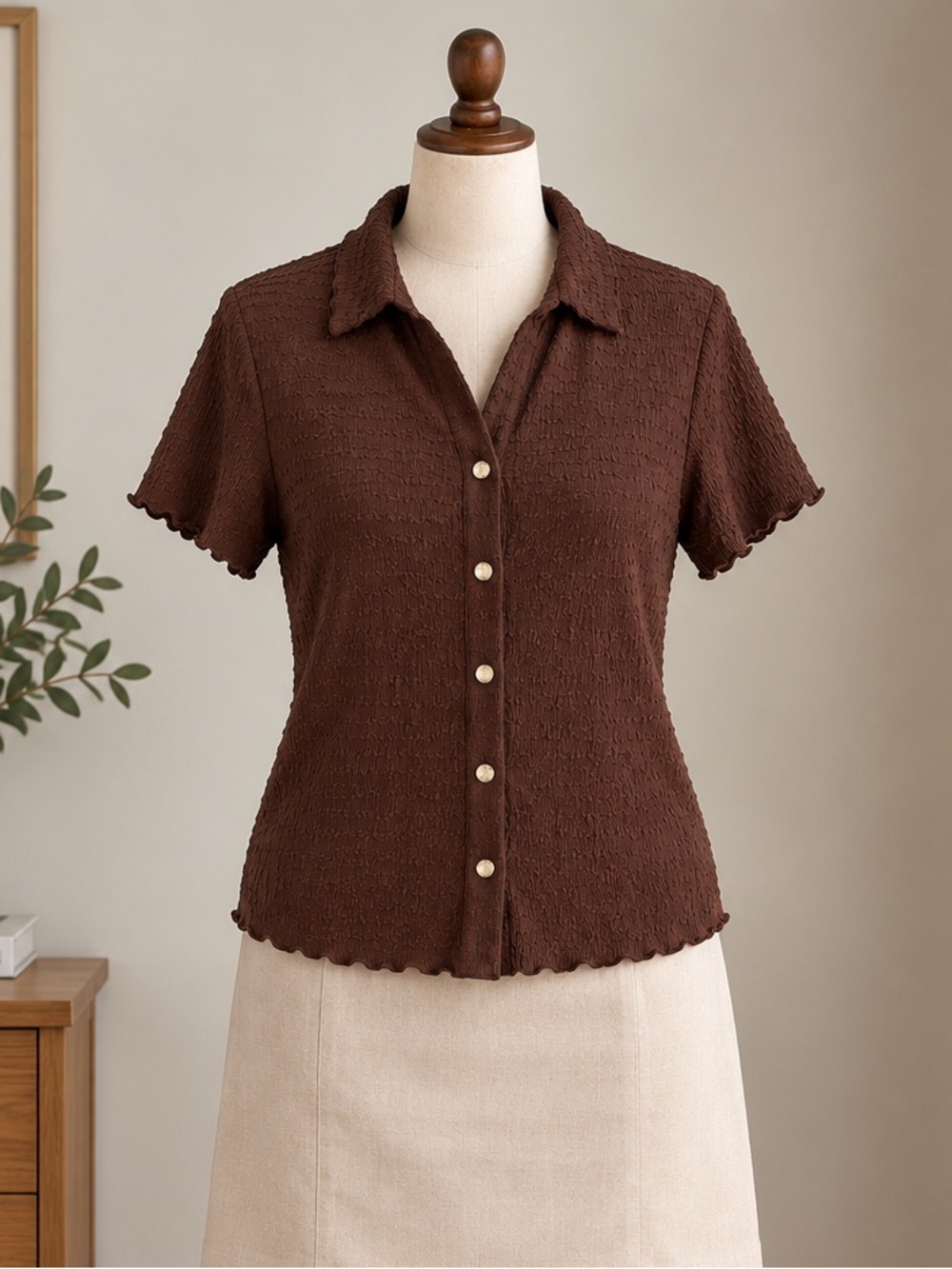 Anne Klein Chocolate Brown Textured Polo Top Large Dark Academia Minimalist